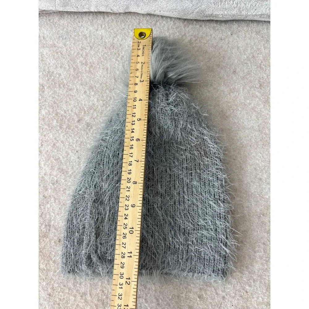 Grey Fuzzy Eyelash Knit Pom-Pom Beanie One Size RN 67227 Winter Hat